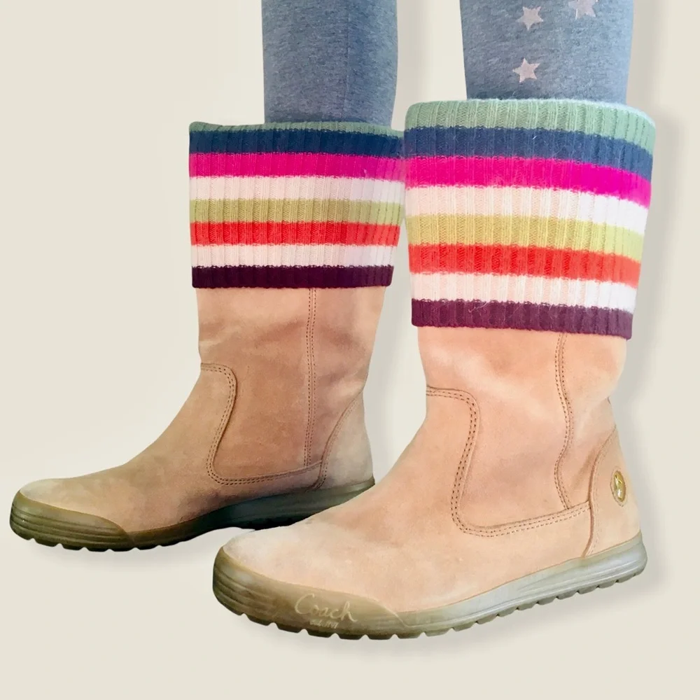 Coach Suede Leather Boots Tatum Multi Color Stripes Wool Cuff Womens 6.5 - Picture 1 of 8